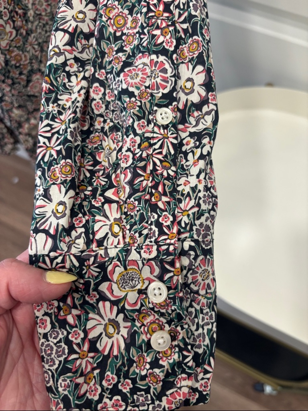 EUC J. Crew Black Floral Button-Down Shirt with Pink, Purple and Cream Accents - Picture 4 of 6